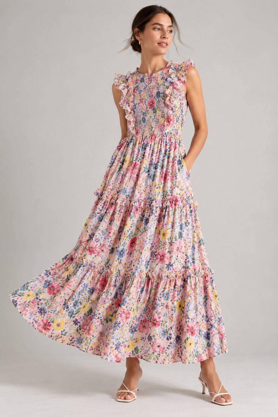 Banjanan Iris Women’s Floral Smocked Ruffle Maxi Dress Pink Size XL